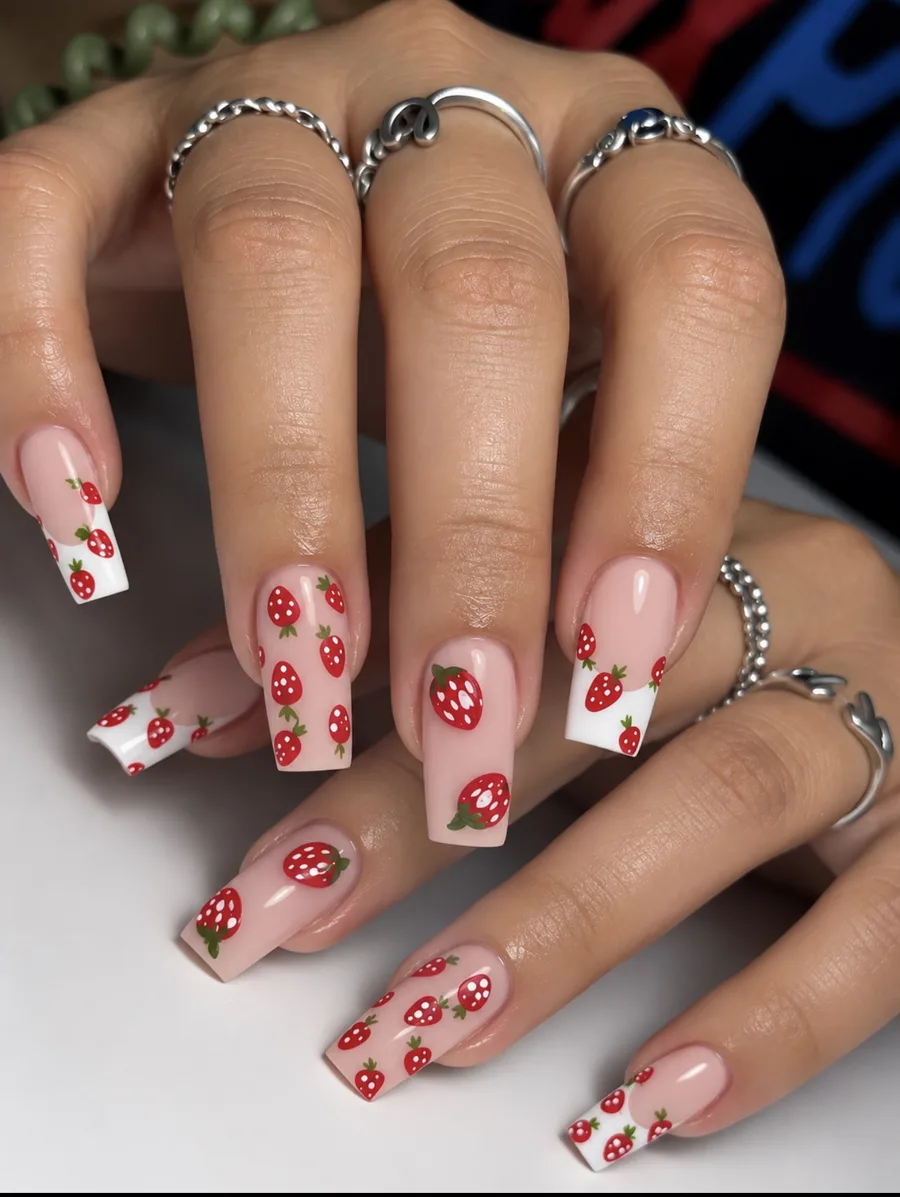 Hand-painted strawberry nail set